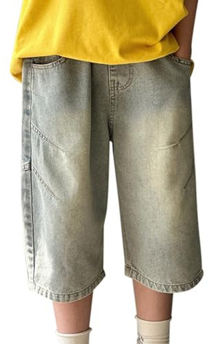 Jungen Jeans Shorts Baggy Kurze Denim Jogginghose Kinder Weite Bein Jeanshorts Kurz Sommer Bermuda Jeanshorts Jungen Elastischer Bund Aesthetic Kurzehose Casual (Light Blue, 14-15 Years)