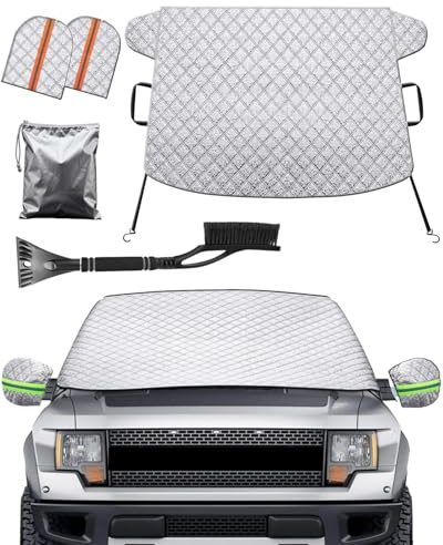 4 Layers Car Windshield Cover for Ice and Snow,Heavy Duty Truck Windshield Snow Cover with Side Mirror Covers,Front Window Frost Hail Protector for Most Car, Truck, SUV, Van (70 x 43 Inch)