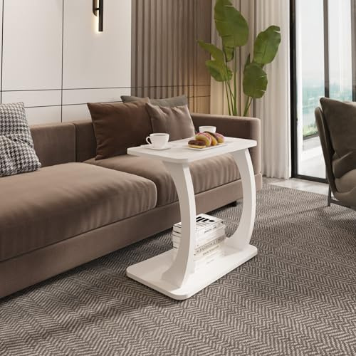 [en.casa] Beistelltisch Stattela Sofatisch C-Form Nachttisch 59 x 35 x 56 cm Wohnzimmertisch Betttisch mit 4 Rollen Kaffeetisch rechteckig Weiß