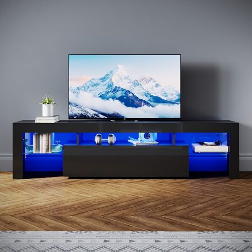 SONNI Mueble TV Negro con Luz LED Ajustable de 12 Colores con Mando a Distancia, Mesa TV Sálon Madera con Estantes Cristal 180 CM