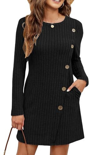 Koerye Vestido Punto Mujer Manga Larga Cuello Redondo A-Line Casual Suéter de Punto Vestidos Túnica con Botones Otoño Invierno Negro,M