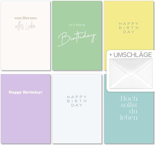 VULAVA 12x Glückwunschkarten Geburtstag + 12x Umschläge - die minimalistischen Happy Birthday Geburtstagskarten sind das Grußkarten Set im Postkarten Format - Geschenkkarten - Glückwunsch Karten