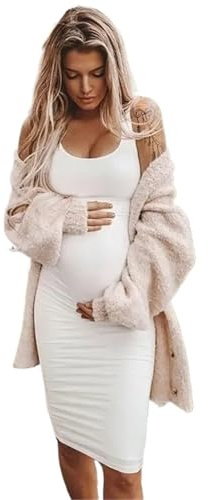 Sexig solid väst kjol gravid kvinna klänning kvinnor ärmlös graviditet moderskap klänningar ledig elastisk mjuk O-krage kläder (vit, S)