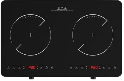 Double Induction Cooktop, 2 Burner Induction Burner 20 Temperature & Power Levels Portable Electric Stove Countertop Burners, Knob Control, Child Safety Lock & 4H Timer, Auto Shut-Off