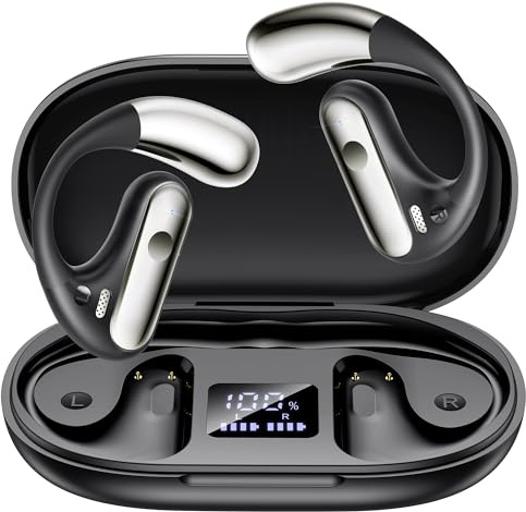 EUQQ Offene Ohr Bluetooth 5.4 Earbuds, Kabellose Kopfhörer Sport Over-Ear-Kopfhörer mit Ohrhaken, 40H Spielzeit Earbuds Schnellladung, IPX7 Wasserdicht für Laufen/Workout, Schwarz