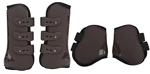 Pyltha Springgamaschen 4er Set, Leder Gamaschen mit Riemen vorne, Blau mit Fell – Optimale Pferdebeinschutzausrüstung, Komfortabel und Strapazierfähig, Für Reitsport und Springreiten (Set aus brauner