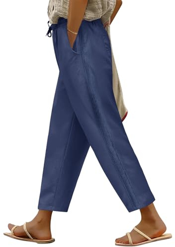 PASUDA Pantalones Mujer Verano 7/8 Algodón Cómodos Largos Pantalón Elástico Cintura Alta Casual Flojo Ligeros Playa Rectos Pantalon Frescos con Bolsillos y Cordón