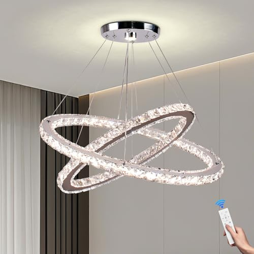 Cainjiazh Ovale 2-Ring Kristall-Pendelleuchte LED, dimmbar | Höhenverstellbare LED Hängeleuchte mit Fernbedienung und App-Steuerung für Küche, Esszimmer und Wohnzimmer