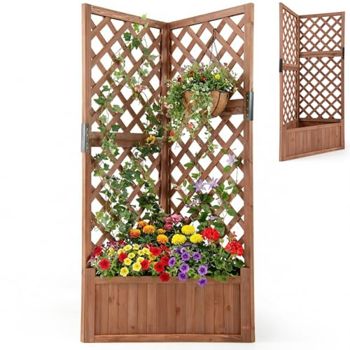 COSTWAY Wooden Planter with Trellis, Corner Raised Garden Bed with Drainage Holes & Removable Bottom Panels, Outdoor Trough Planter Box for Climbing Plants Vines Flowers, 50 x 50 x 140cm (Brown)