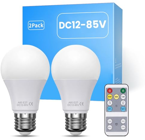 TrustWheel DC 12V Bombilla LED E27 con Remoto, 8W 500LM, 2-Pack