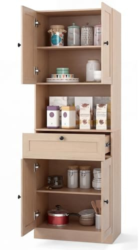 GiantexUK Tall Kitchen Cupboard, 171.5cm Freestanding Pantry Cabinet with 4 Doors, Adjustable Shelves & 1 Drawer, Wooden Storage Cabinet for Kitchen Dining Living Room (Natural) | 171.5cm Wooden Storage Cabinet with 4 Doors, Adjustable Shelves & 1 Drawer for Kitchen Dining Living Room