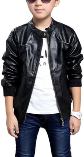 Chinaface Boy's Trendy Stand-Collar PU Leather Spring Moto Jacket Black-Small