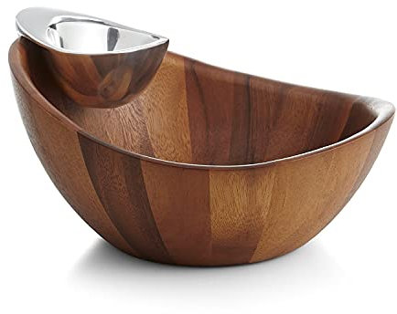 nambe Harmony Chip and Dip Server | Chips and Salsa Serving Dish | Salad Bar Serving Set for A Party | Chilled Dip Serving Bowl | Made of Acacia Wood and Metal Alloy