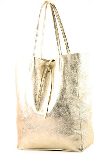 modamoda de T163 Damen Leder Shopper Schultertasche Large mit Innentasche handmade in Italy, Farbe:Gold-Metallic