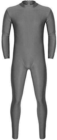 iEFiEL Herren Einteiler Bodysuit Ganzkörperanzug Langarm Jumpsuit Overall Tanz Trikot Ballettanzug Turnanzug mit Reißverschluss Grau XL