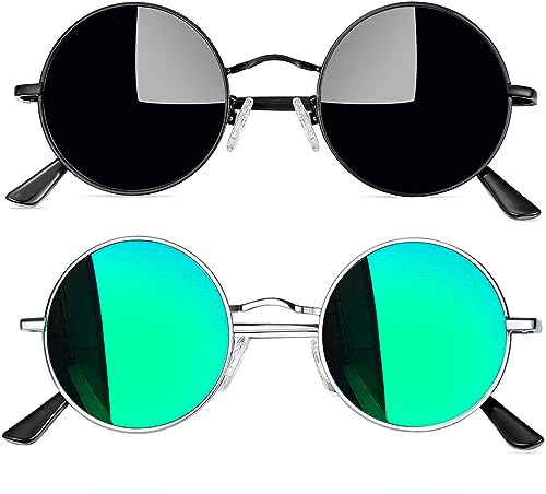 Joopin 2er-Set Sonnenbrillen Herren Rund Retro Brille Damen Hippie UV400 | Polarisiert, Metallrahmen, Klein, Schmal, Steampunk, Unisex, 30°-Flex-Scharnier, Alltag, Festivals, Partys, Halloween