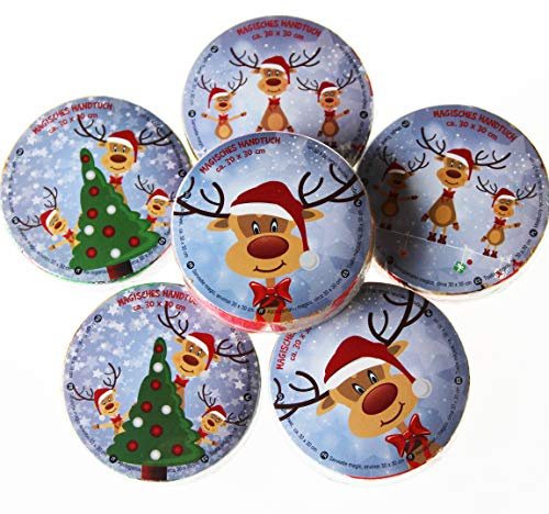 KAMACA 6 er Set Magische Handtücher aus Baumwolle weihnachtliches Zauberhandtuch Zaubertuch Kinder Mitgebsel Geschenkidee Adventskalender Geschenk Weihnachten (6er Set (=6 Stück) Rentier Ole)