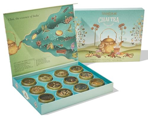 VAHDAM, Assorted Chai Tea Gift Sets - 12 Assorted Chai Loose Leaf Tea In Luxury Gift Box | Gluten Free, Non GMO Tea Variety Pack | Gifts for Women, Gifts for Men, Gifts for Him/Her