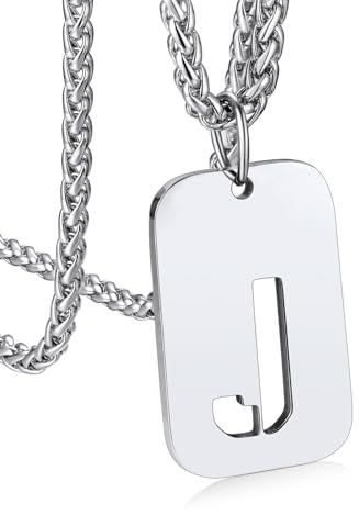 Bandmax Militärische Dog Tag Buchstabe J Anhänger Halskette für Männer Frauen Edelstahl Erkennungsmarke + Weizenkette 55+5cm Kette Modeschmuck Accessoire