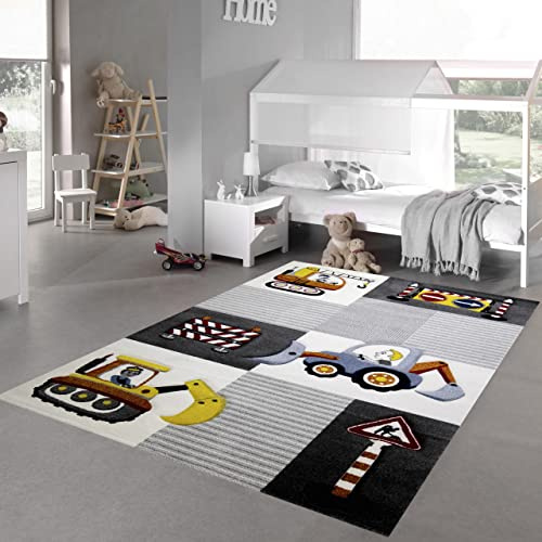 Teppich-Traum Kinderzimmer Teppich Spielteppich Baustelle Kran Bagger Straßenschilder grau Creme gelb, Größe 160x230 cm