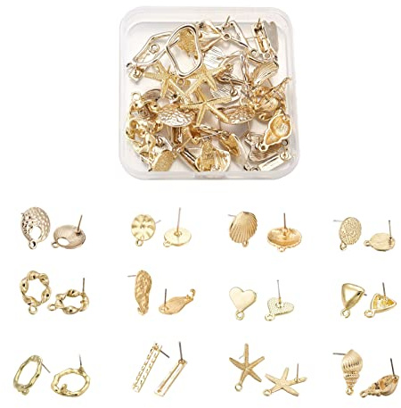 Cheriswely, 48 orecchini a perno in lega per bigiotteria, 12 stili, a forma di cuore, rotondi, rettangolari, per donne e ragazze, gioielli fai da te, idea regalo, colore: oro chiaro