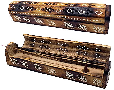 Brûleur à encens (encensaire) Boîte en Bois décorée à la Main en Inde – Design Exclusif de Chevrons Blancs. 30,5 x 6,2 x 5,5 cm. Poids : 240 g. Porte encens en Bois.