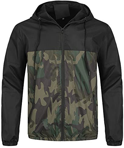 YOUTHUP Veste Homme à Capuche Imperméable et Coupe-Vent Multifonction Blouson à Capuche Running, Noir et Camouflage, S