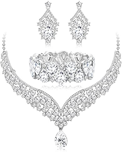 IRONBOX Crystal Wedding Bridal Jewelry Set for Women Prom Sliver Rhinestone Teardrop Necklace Earrings Bracelet Bridesmaid Gifts Fit with Wedding Dress
