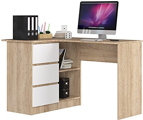 AKORD Scrivania ad Angolo B-16 con 3 Cassetti e 2 Ripiani | Scrivania Computer| Scrittoio | Scrivania ad angolo per l'ufficio in casa | Montaggio facile | 124x77X85 CM | 48 kg Rovere Sonoma/Bianco