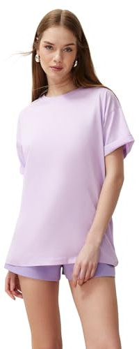 Trendyol T-Shirt da Donna Boyfriend Basic Girocollo in Maglia, Lilla, S