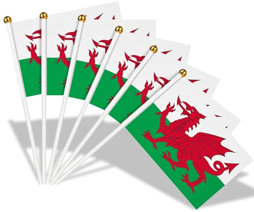 AhfuLife Bandera de Mano Gales, 15 Piezas Bandera Gales Pequeña con 30cm Palo para Decoraciones de la Copa Mundial, Copa Europea, Eventos Deportivos, Desfile, Día Nacional, Fiesta
