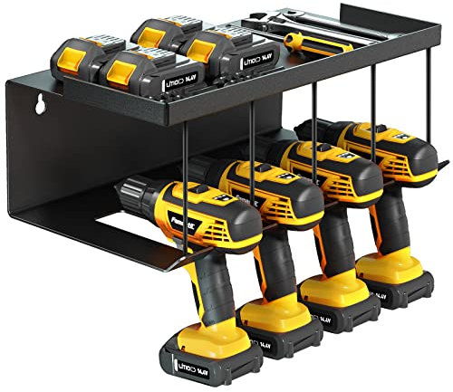 Nomiou DLXK-9 Tool Storage Wall Mount Battery Impact Drill, 4 Slots Heavyduty Electric Drill Wall Mounted Storage Shelf Screwdriver Organisation Tool Holder Tool Shelf