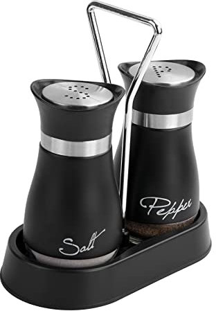Wartter 2 PCS - Stainless Steel and Glass Salt and Pepper Shaker Sets with Holder (BLACK)