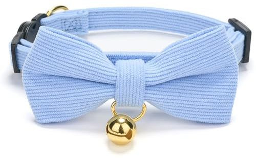 YUDOTE Ultra-weiches Halsband aus natürlichem Baumwollcord für Katzen mit empfindlicher Haut,leichtes Kätzchenhalsband mit Schnellverschluss und Abnehmbarer Schleife,Hellblau,1er Pack