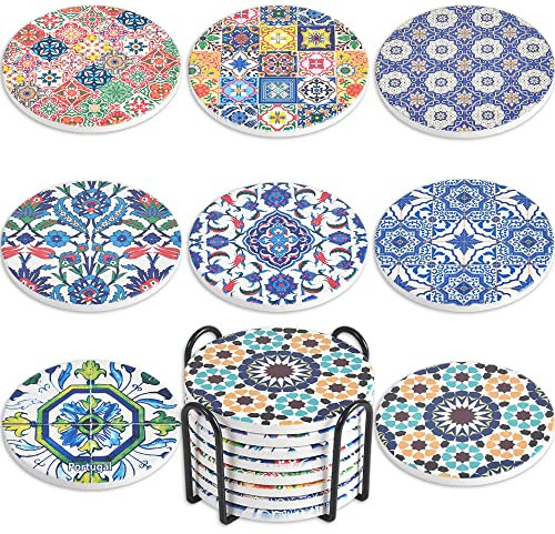 Newk Untersetzer für Getränke, Set mit 8 absorbierenden Keramik-Untersetzern mit Metallhalter, Untersetzer mit portugiesischem Muster für Kaffeetische, tolle Einzugsgeschenke