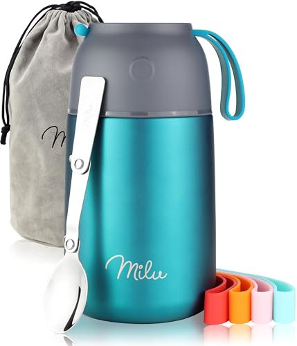 Milu® Thermobehälter für Essen 650ml, Edelstahl Warmhaltebehälter mit Löffel, Thermobecher Essen, Thermo Lunchbox für Kinder, Erwachsene, Thermobox Suppen, Babybrei, Speisebehälter Grün, 650ml