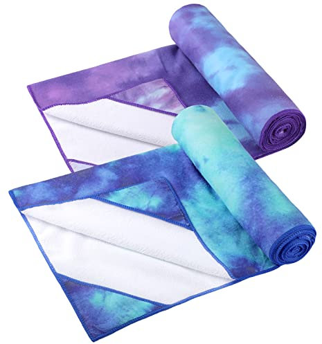 Treela Yoga-Handtuch, rutschfeste Hot-Yogamatte, 180 x 63 cm, weiche, schweißabsorbierende Decke, Workout-Handtuch für Fitnessstudio, Pilates, Violett und Grün, 2 Stück