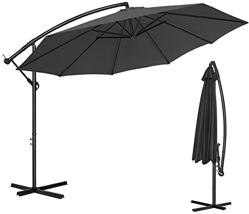 TRMLBE Sonnenschirm 300 cm mit Kurbel Ampelschirm mit LED Beleuchtung Solar mit Ständer Wasserdicht UV-Schutz Marktschirm Gartenschirm Balkonschirm für Terrasse Garten Strand - Dunkelgrau