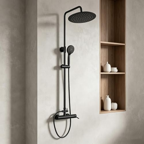 Columna Ducha Negra, YOOZENA Duchas de Baño Columna, Columna ducha con grifo, Ducha lluvia 25 CM, Altura ajustable, Redondo