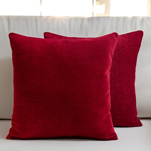 Encasa XO Chenille Kissenbezug, Sofa, ohne Füllung 45x45 cm | Scharlachrot, 100% Polyester | Versteckter Reißverschluss | Dekokissen & Zierkissen | Weich & Langlebig | 2er Set