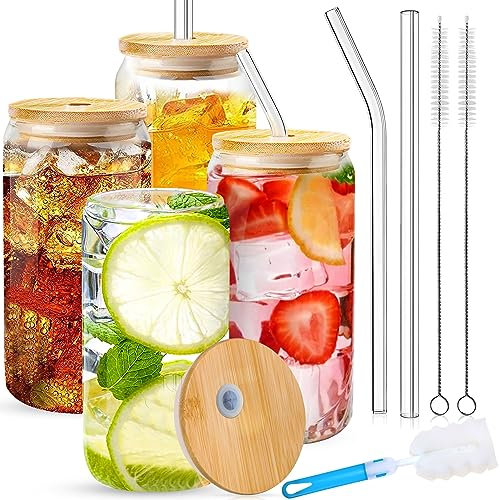 MAISITOO Vaso de Cerveza con Tapas y Pajita, 4 Piezas 20 Onzas Vasos Vidrio de Cerveza con Forma de Lata, Reutilizable Tazas de Café Helado para Cóctel Bebidas, Batidos, Jugos, Cerveza