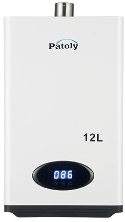 Patoly Tankless Water Heater, 12L 3.18 GPM Instant Hot Water Heater Natural Gas with Constant Temperature, Luxury Style,Gas Tankless Water Heater with Display for Shower, Indoor - White