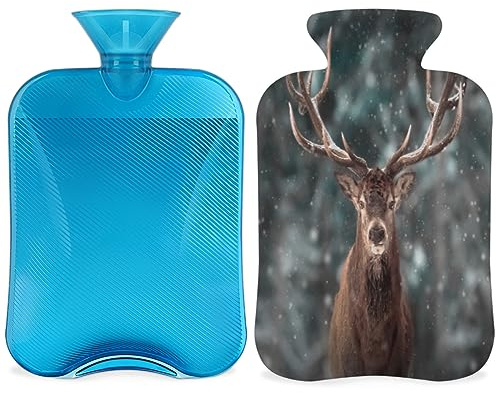 Hirsch Winter Wald Wärmflasche mit flauschigem Bezug 2L Große Kapazität Hirsch Flasche Wasserbeutel für gemütliche Nächte Linderung Schmerzen Rücken Nacken und Schultern