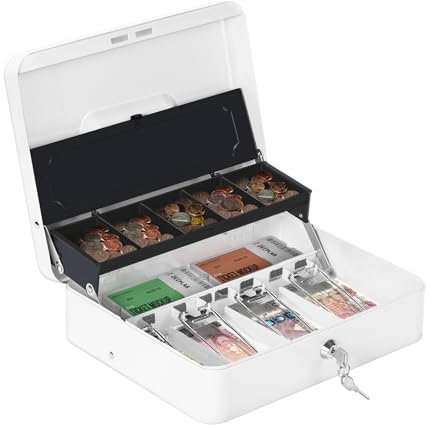 HAITRAL Caisse à monnaie, Boîte à billets en métal verrouillable argent, pièce de monnaie et boîte de sécurité grande caisse avec serrure, 30 x 24 x 9 cm - Blanc