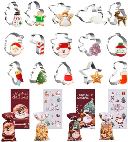 Mini Ausstechformen Weihnachten 15 Stück und 50 Geschenktüten, Keksausstecher Edelstahl, Lebkuchenmann Weihnachtsbaum Schneeflocke Weihnachtsmann Plätzchen Ausstecher, Weihnachts für Backen Fondant