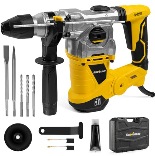 Enventor 1-1/4 Inch SDS-Plus 12.5A Heavy Duty Rotary Hammer Drill for Concrete Stone, Safety Clutch Electric Demolition Hammer Drill with 4 Functions, Vibration Control, Chisels, Drill Bits, Yellow