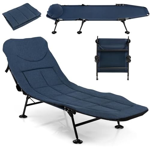 SPOTRAVEL Folding Camp Bed for Adults, 26 Extra Wide Heavy Duty Camping Cot with Detachable Mattress, 6-Position Adjustable Backrest & Anti-Skid Feet, Portable Sleeping Cot for Beach Travel (Navy)