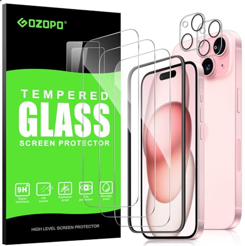 GOZOPO Adatto per iPhone 15 (6,1 pollici), 3 Pellicole Protettive + 2 Protezioni per Lenti, Trasparenza ad Alta Risoluzione, Durezza 9H, Senza Bolle