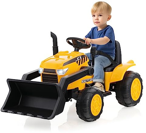 DREAMADE Elektro Sitzbagger mit Verstellbarer Grabschaufel, Bagger zum draufsitzen mit Fernbedienung, Kinderbagger mit Musik, Hupen, Scheinwerfer, USB, Sanftanlauf, für Kinder 3-8 Jahren, Gelb