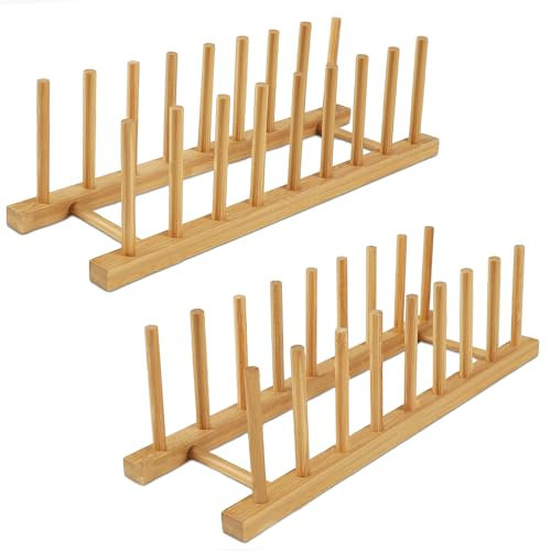 DEBETOOL Escurridor de platos – Organizador de platos de madera de bambú para ahorrar espacio, soporte multifunción para platos, tazas, tapas de ollas, tablas de cortar, libros (paquete de 2)
